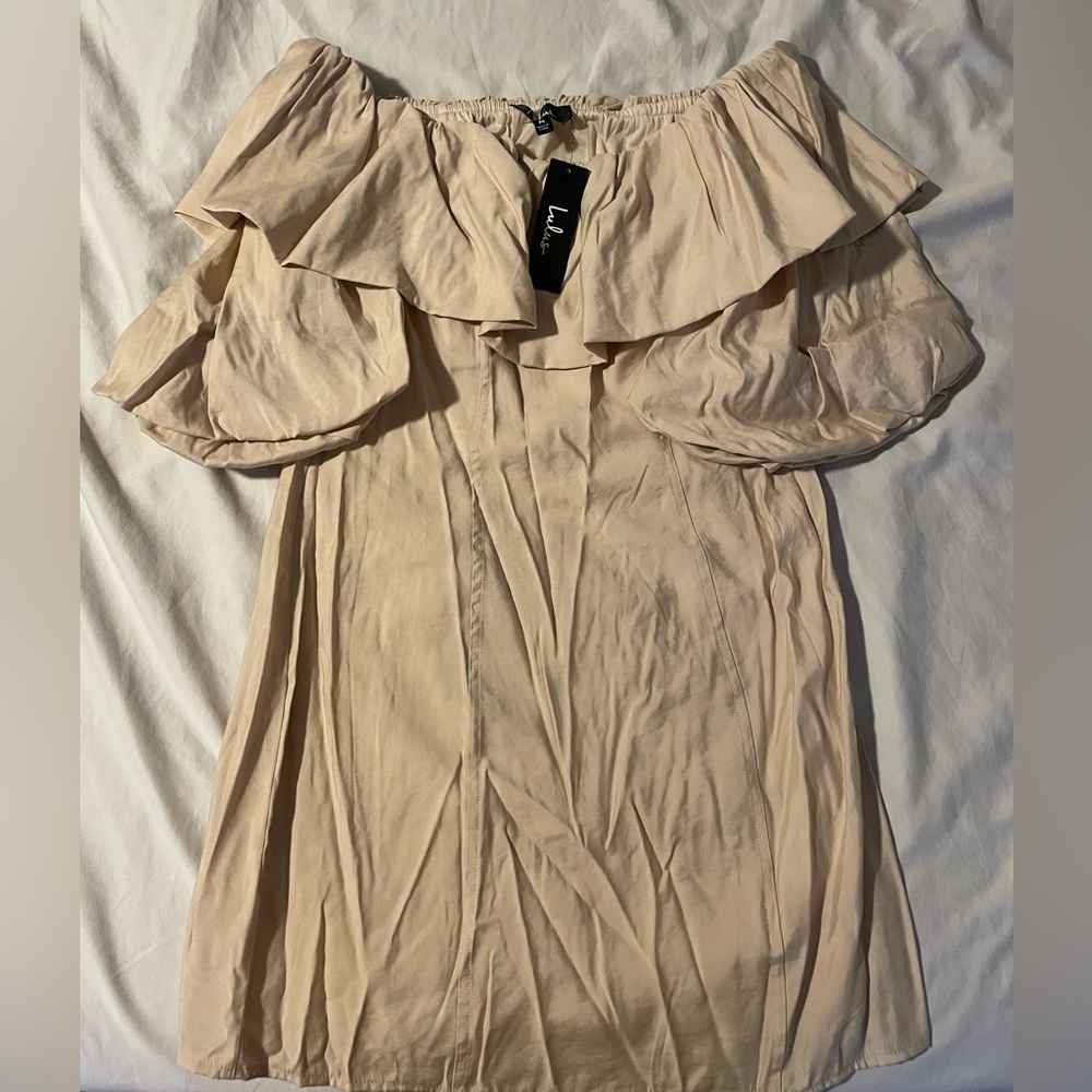 Lulu’s Tan puffy sleeve mini dress